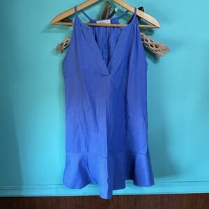 REVIEW A Line Mini Dress Size S Blue V Neck Ruffle Halter Back Made in Australia